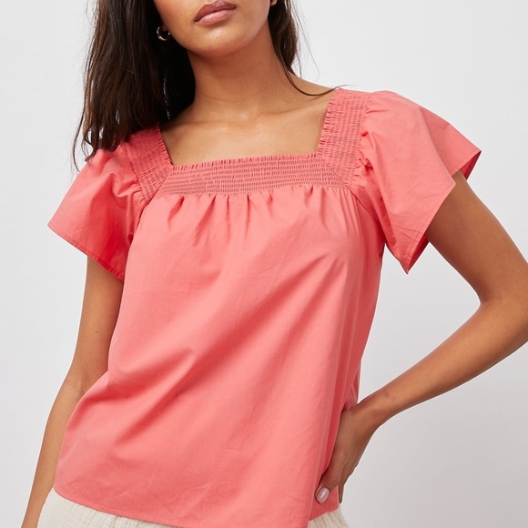 Rails Sonora Square Neck Top M Spiced Coral Flutter Sleeve Smock Gathered Girlie - Picture 1 of 12